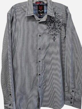 Pin Stripe Long Sleeve Button Down Embroidered Gray White Shirt Mens LARGE
